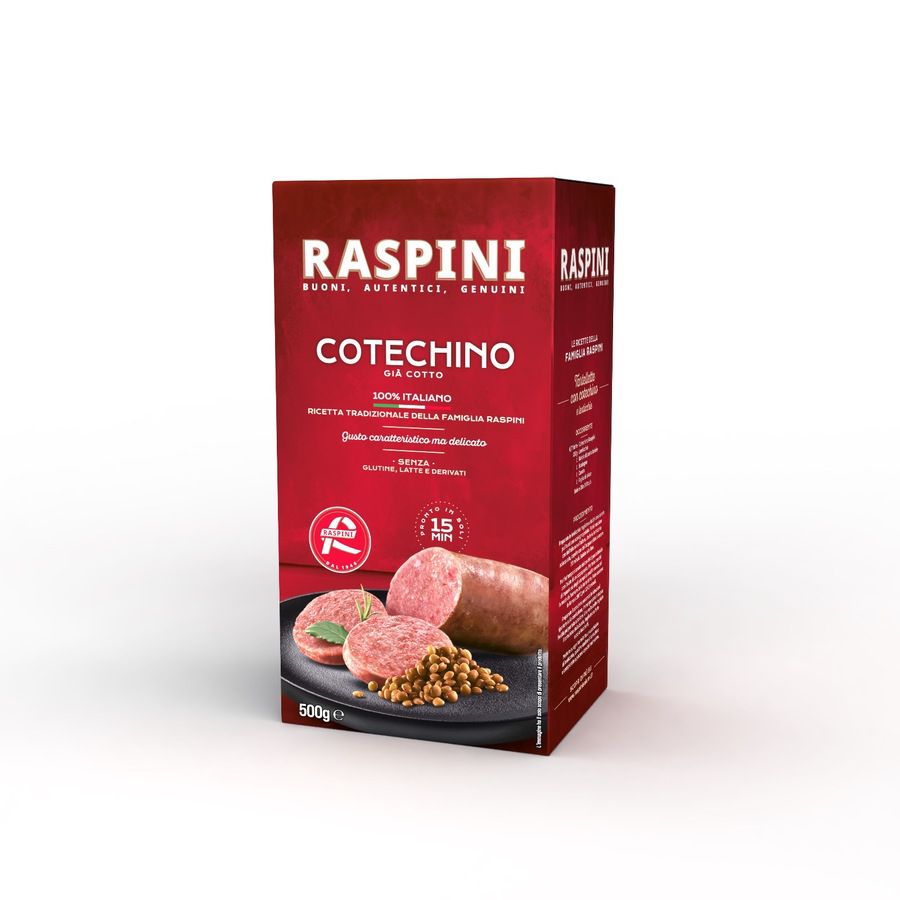 Verpackung von Raspini Cotechino, roter Karton, Abbildung von Wurst und Linsen.