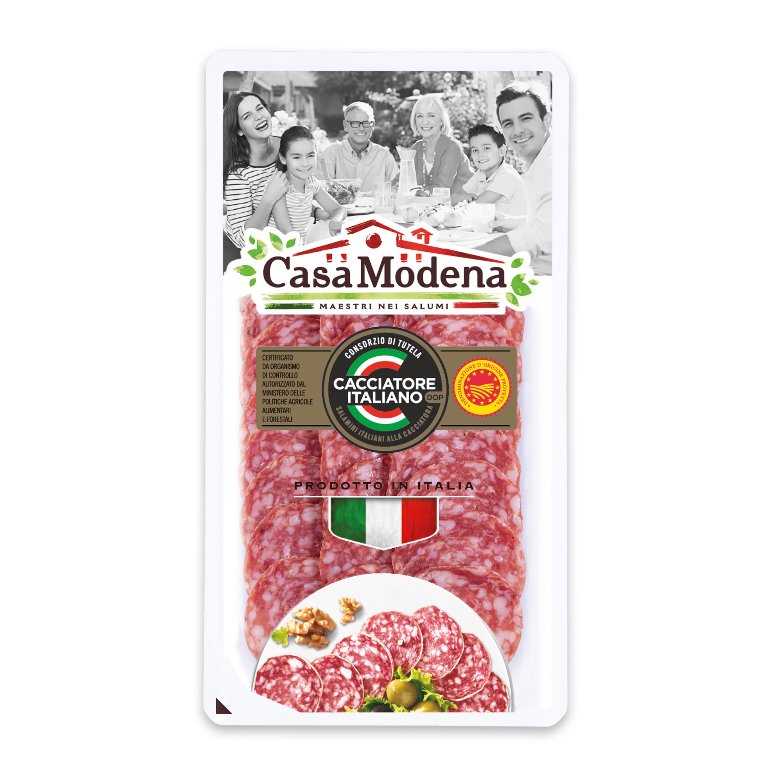 Verpackung von Casa Modena Salami mit lächelnder Familienfoto oben, rote Scheiben vorne.