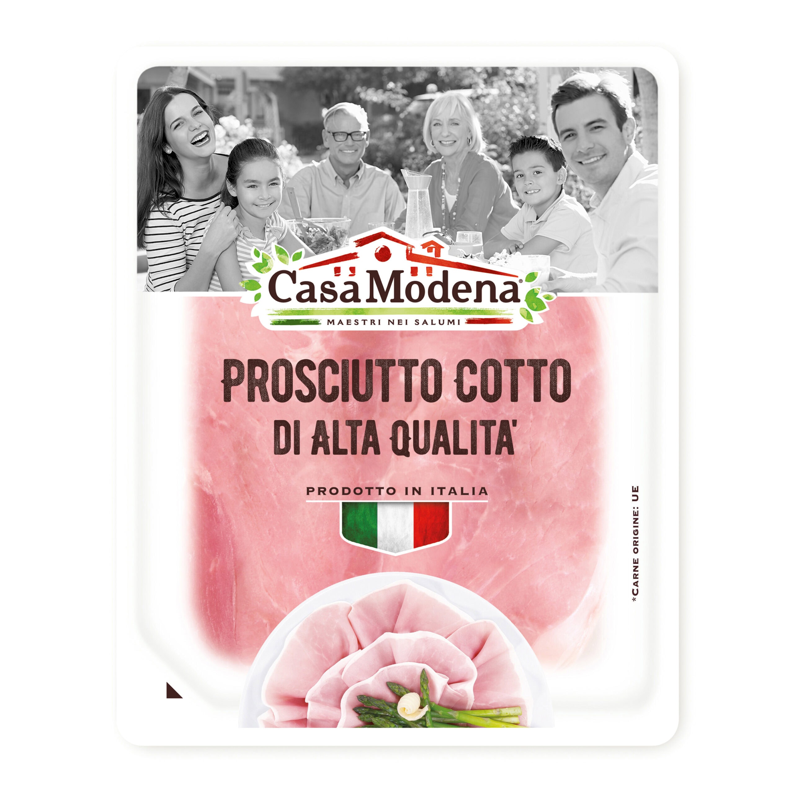 Verpackung von Casa Modena Prosciutto, Familie lacht, Produktbild mit italienischer Flagge.