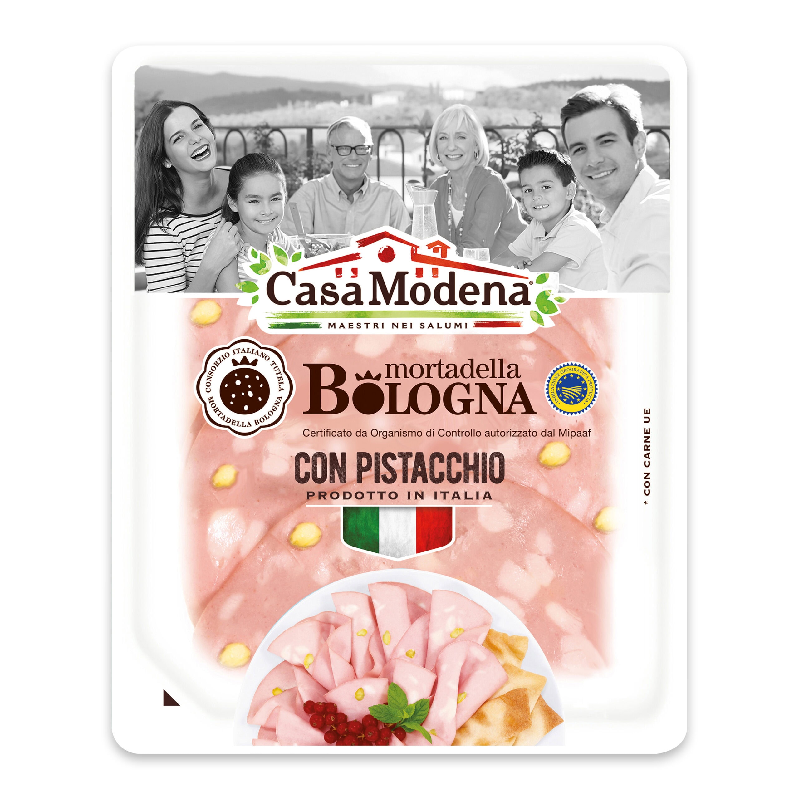 Verpackung der Mortadella Bologna von Casa Modena, lachende Familie oben in Schwarz-Weiß.