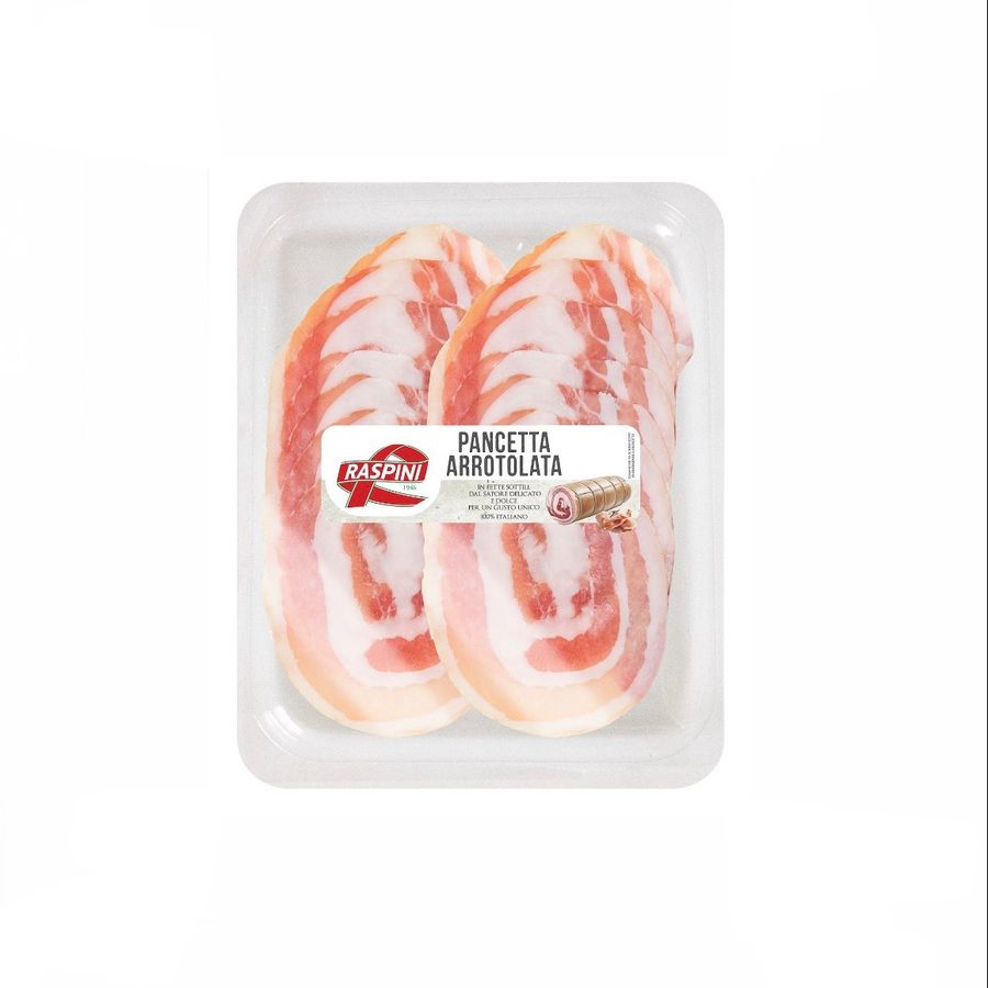 Pancetta in Plastikverpackung, rosa/weiß, geschnitten, Etikett mit Aufschrift "Raspini".