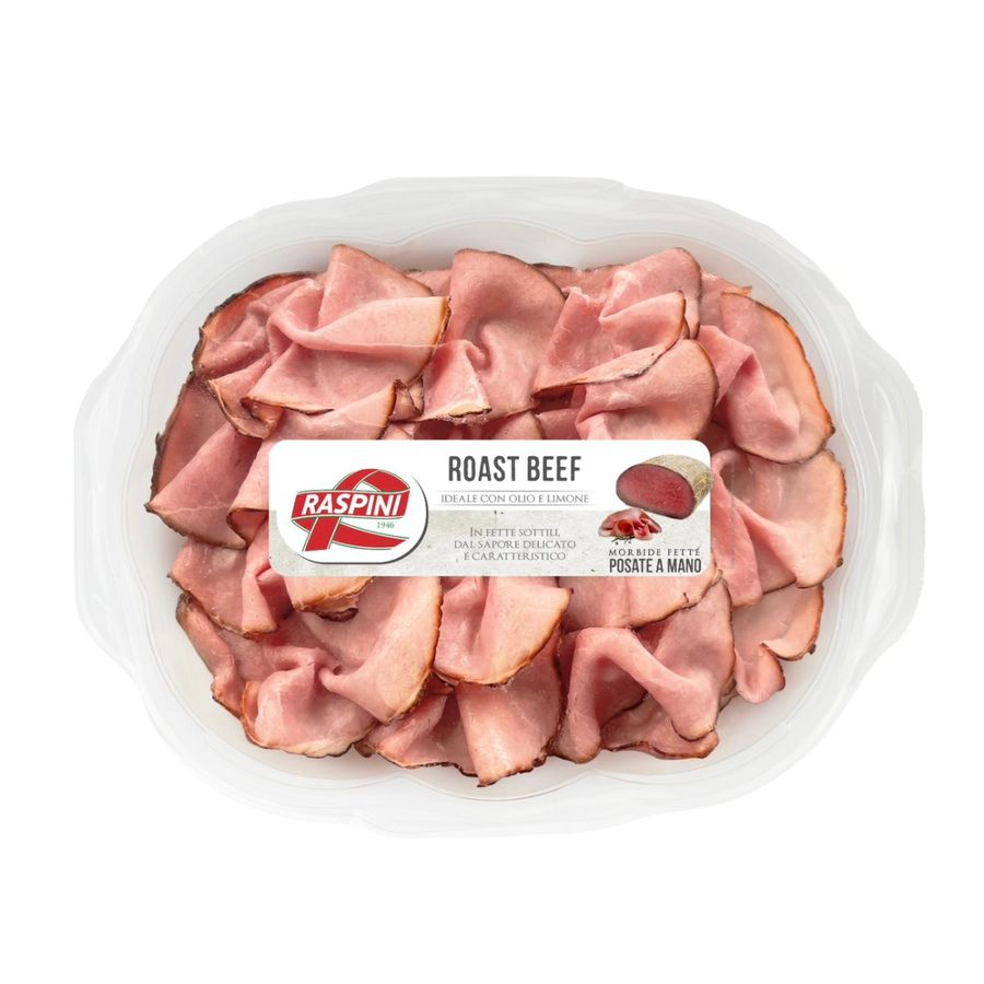 Verpackung mit rosa Roastbeef-Aufschnitt, auf weißer Schale angerichtet, Etikett „Raspini“.