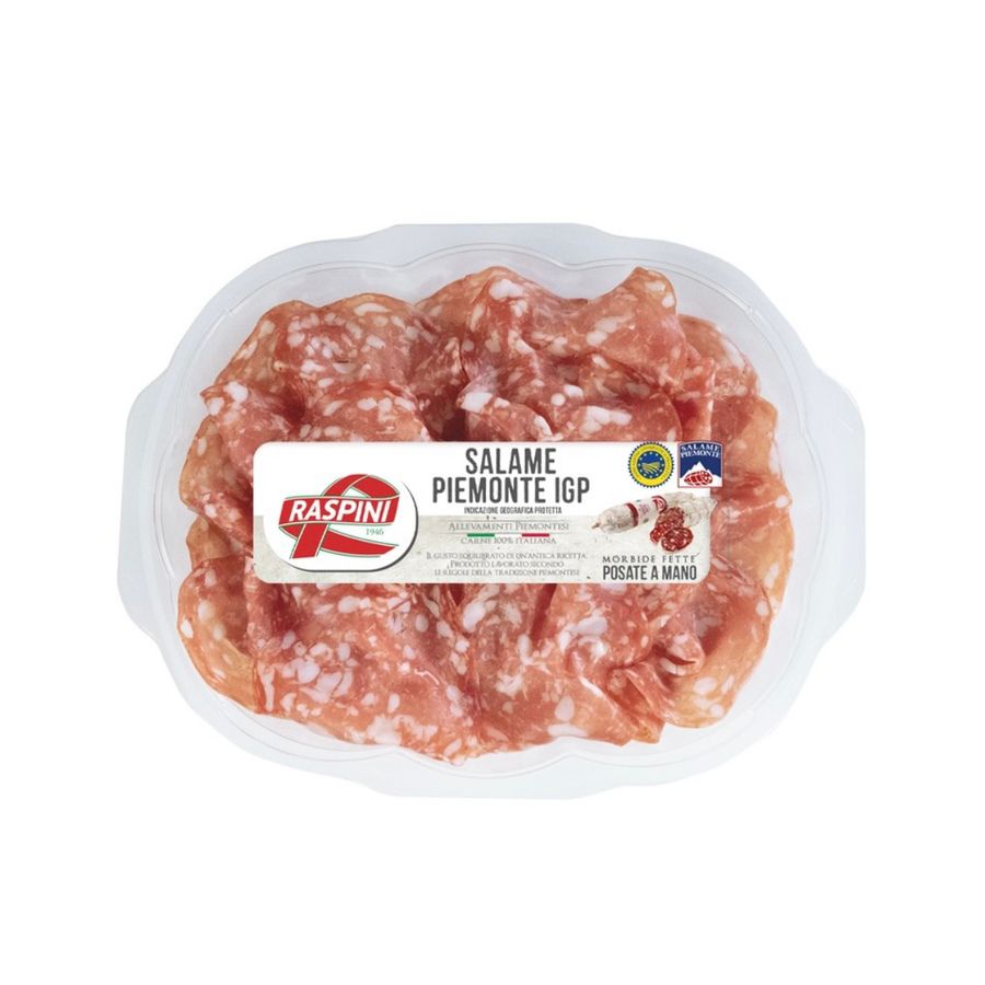 Verpackung mit Raspini Salami, weißem Etikett, roter Schrift;  italienische Wurstspezialität.