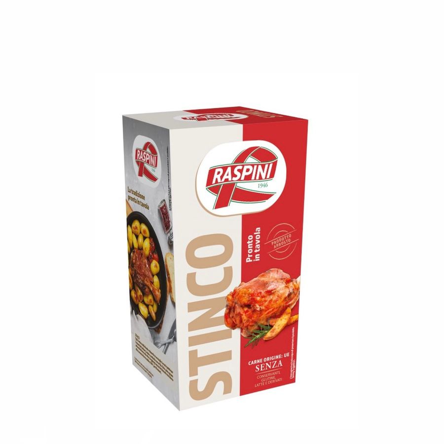 Verpackung von Raspini Stinco, rotes Design, zeigt gebratenes Fleischgericht mit Kartoffeln.